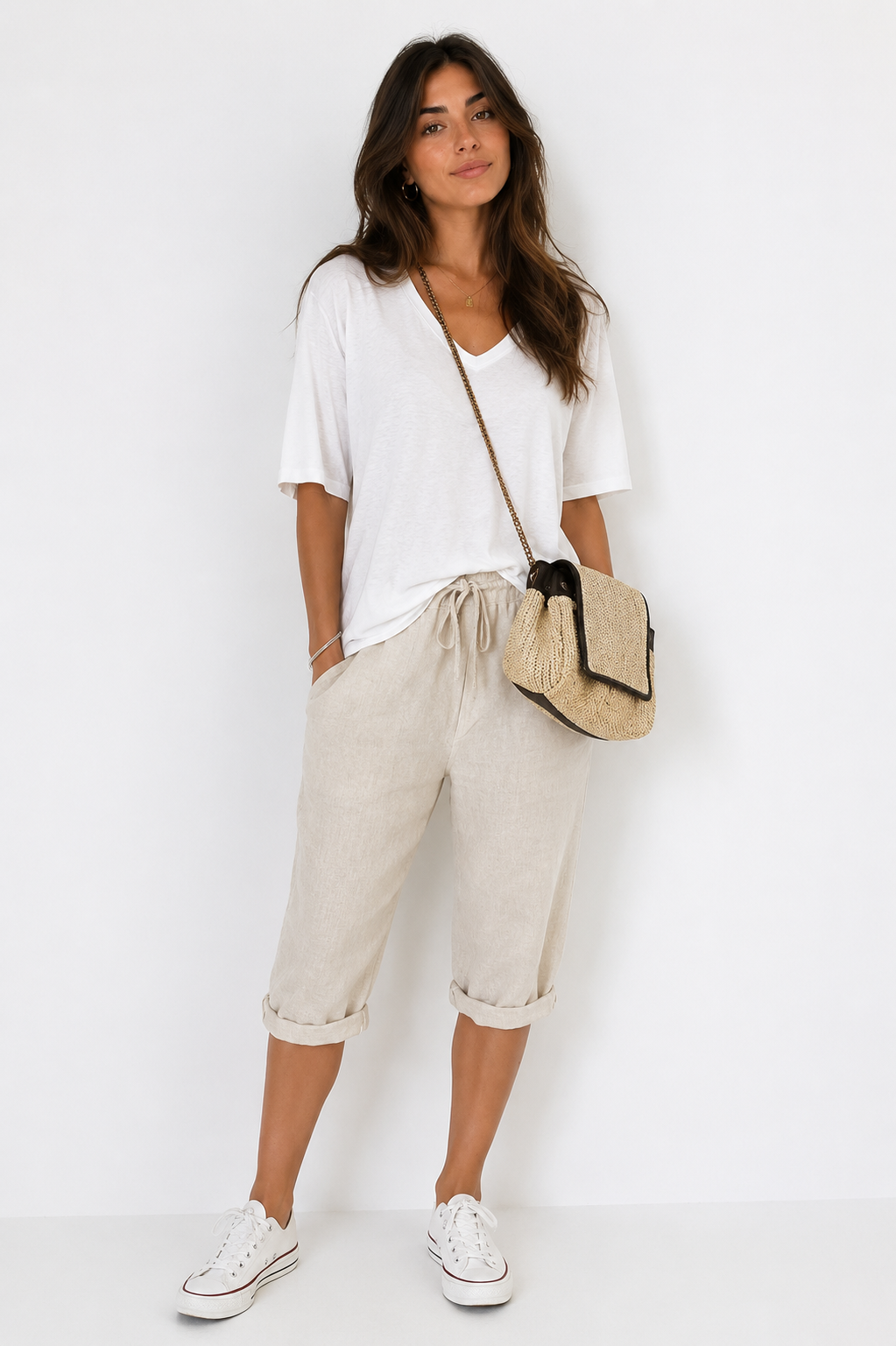 Pantalones capri de algodón y lino