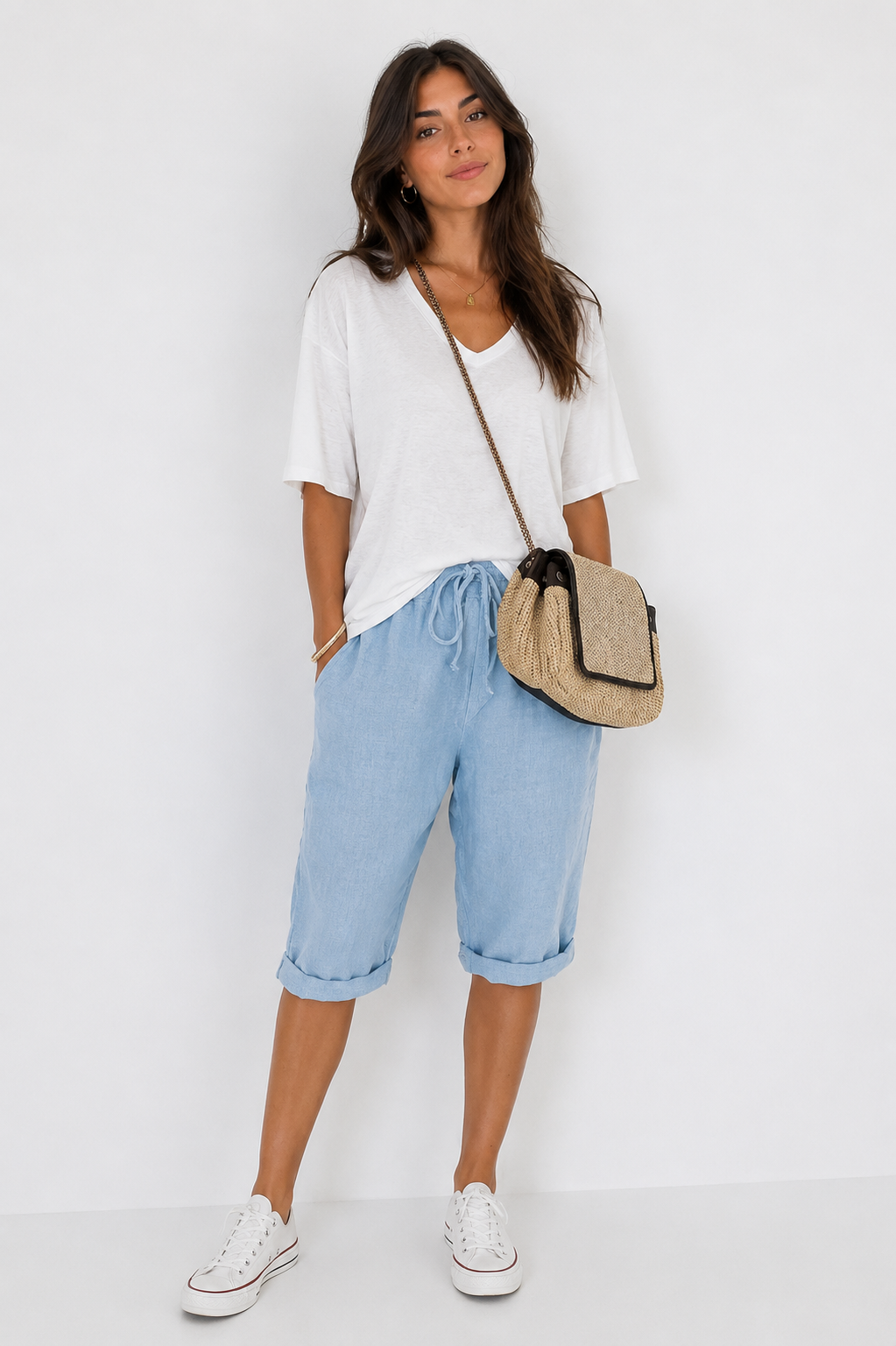Pantalones capri de algodón y lino