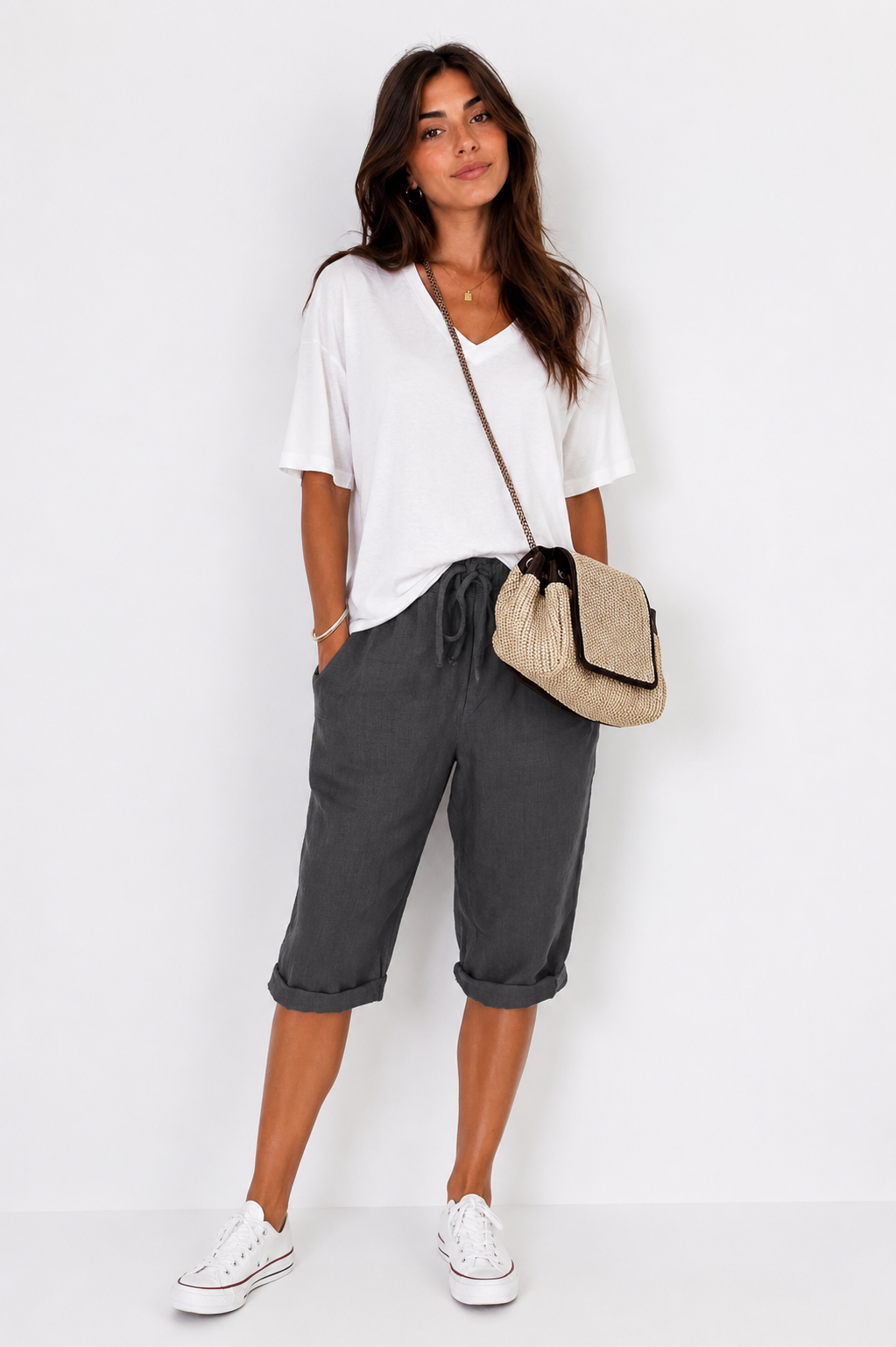 Pantalones capri de algodón y lino