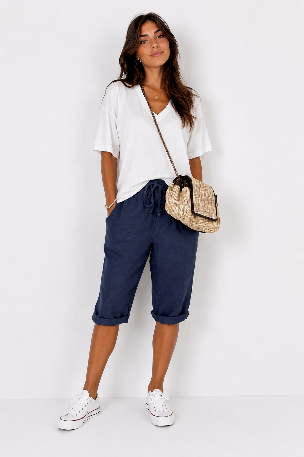 Pantalones capri de algodón y lino