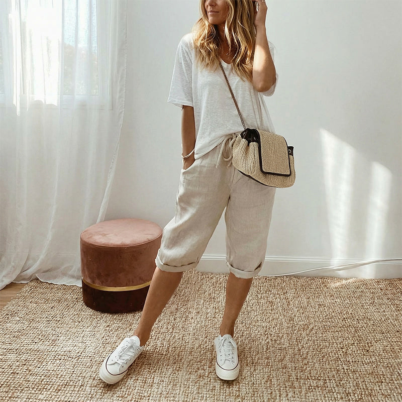 Pantalones capri de algodón y lino